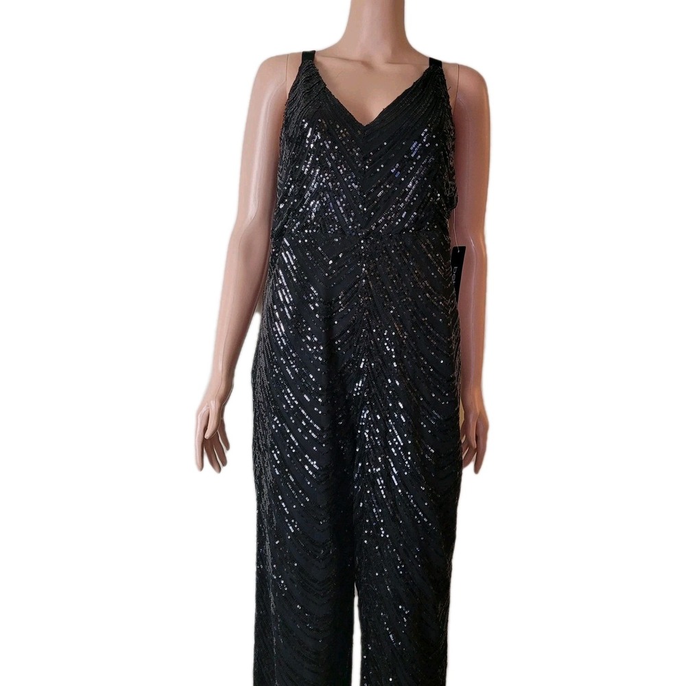 bebe Sequin Jumpsuit Women's XL Black  Formal Romper disco party long pants goth